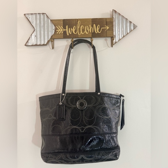 Coach Handbags - Coach Signature Sis Stitch Black Medium Tote Bag